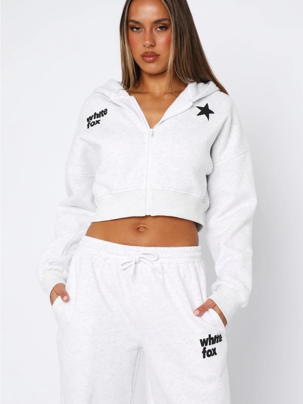 WHITE FOX White Cropped Zip Hoodie